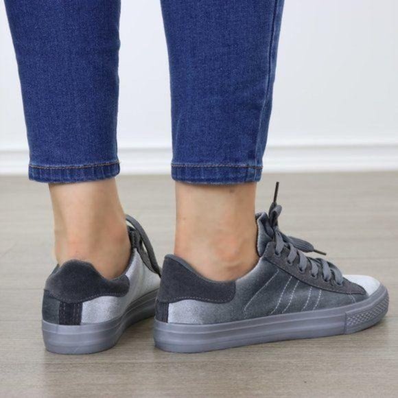 Gray Velvet Low Top Fashion Sneakers - Picture 3 of 8